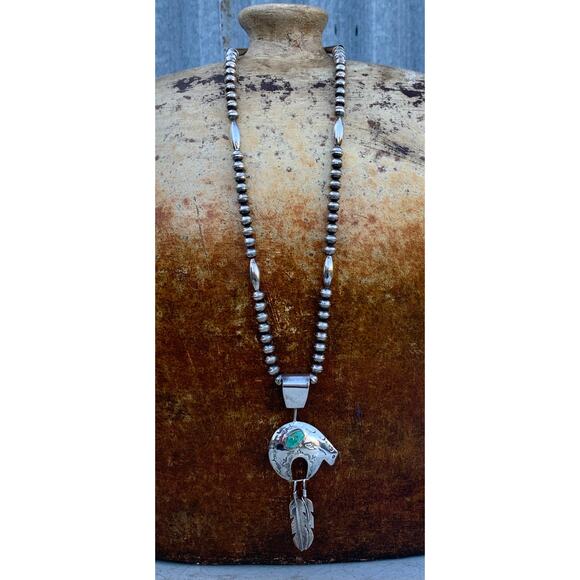 Handmade Jewelry - Navajo SS Beaded Necklace with Bear and Feather Pendant by JC Delgarito